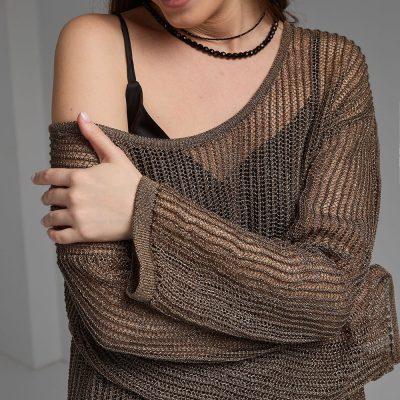 Soft Glossy Sweater Translucent Top Cold Shoulder Long