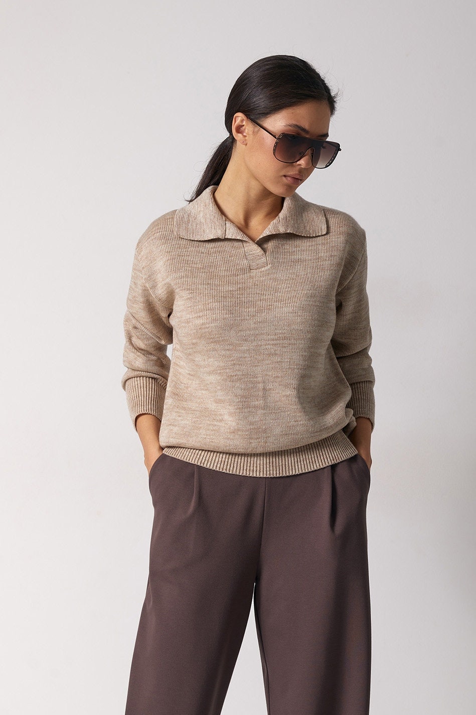 Wool Sweater Women Polo Collar Pullover Casual Loose