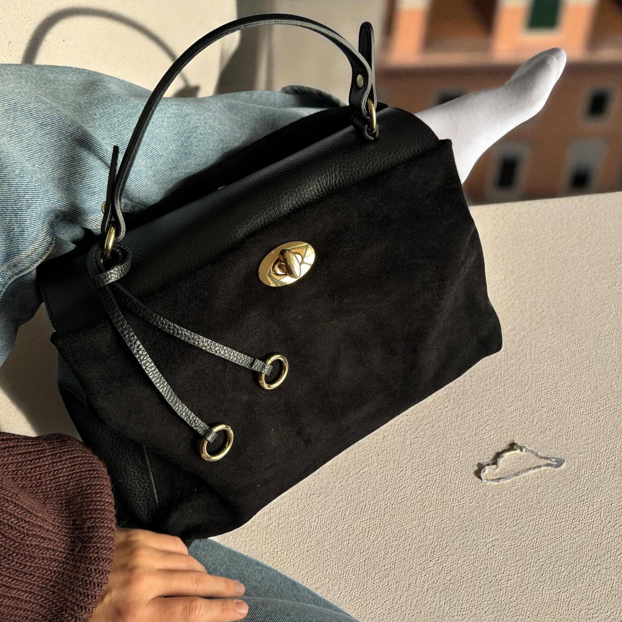 Italian Suede Leather Bag Handmade Top Handle Satchel